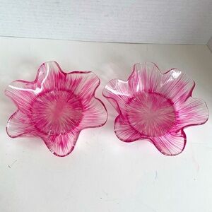 Unique Clear Ruffled Edge Pink and White Painted Bottom Glass Art Bowls